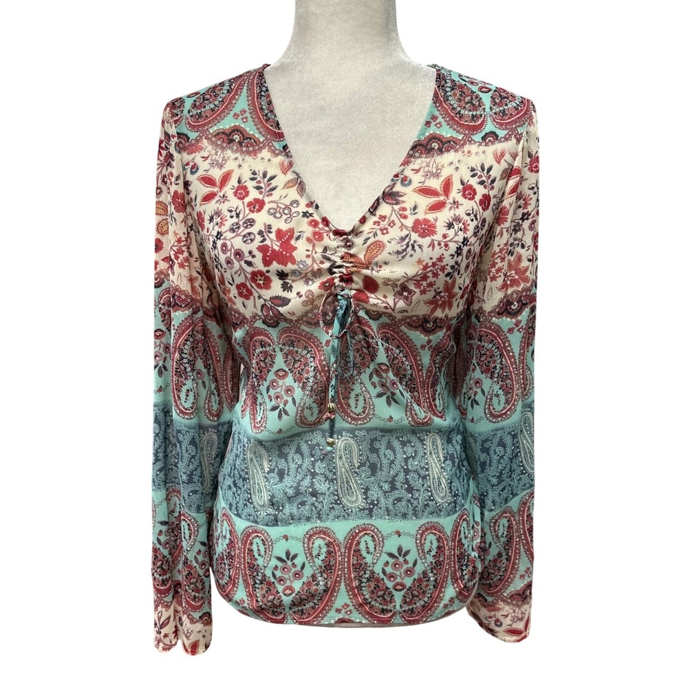 Womens Size 14 P‎ Tunic Top Boho Paisley Floral Ruched V-Neck Blouse Resortwear